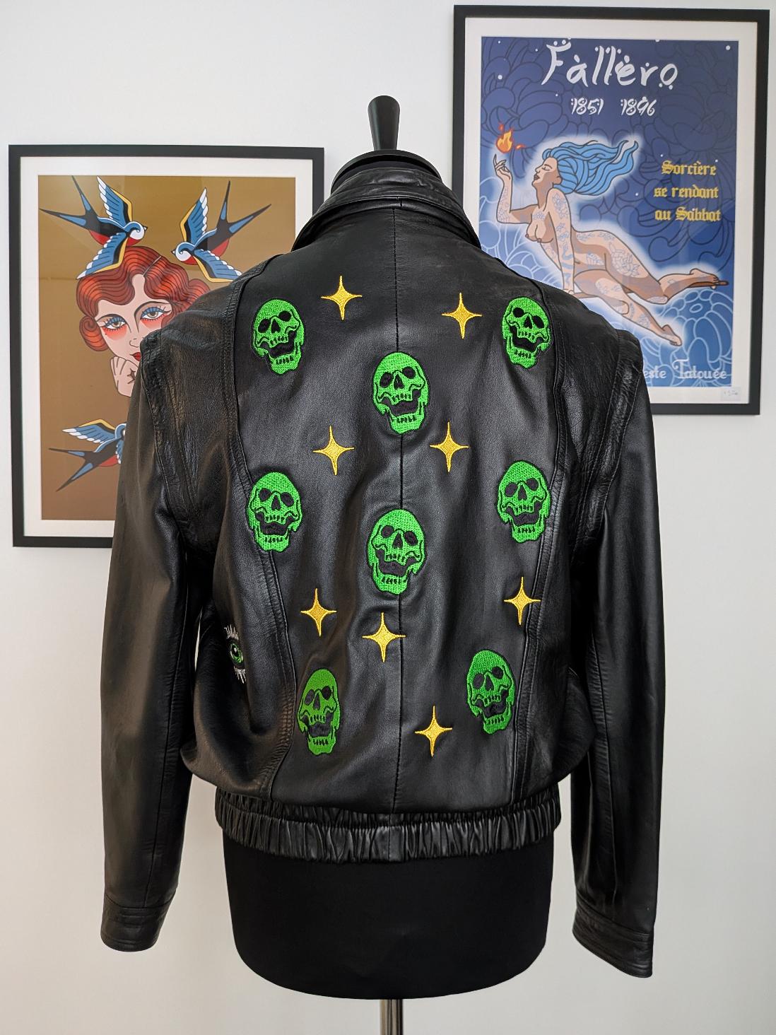 Green skulls : modèle unique veste cuir noir