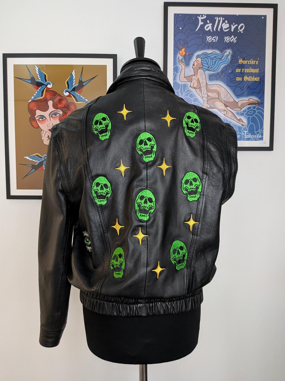 Green skulls : modèle unique veste cuir noir – Image 2