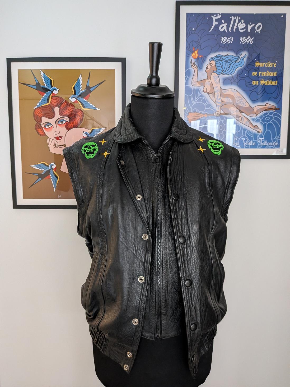 Green skulls : modèle unique veste cuir noir – Image 4