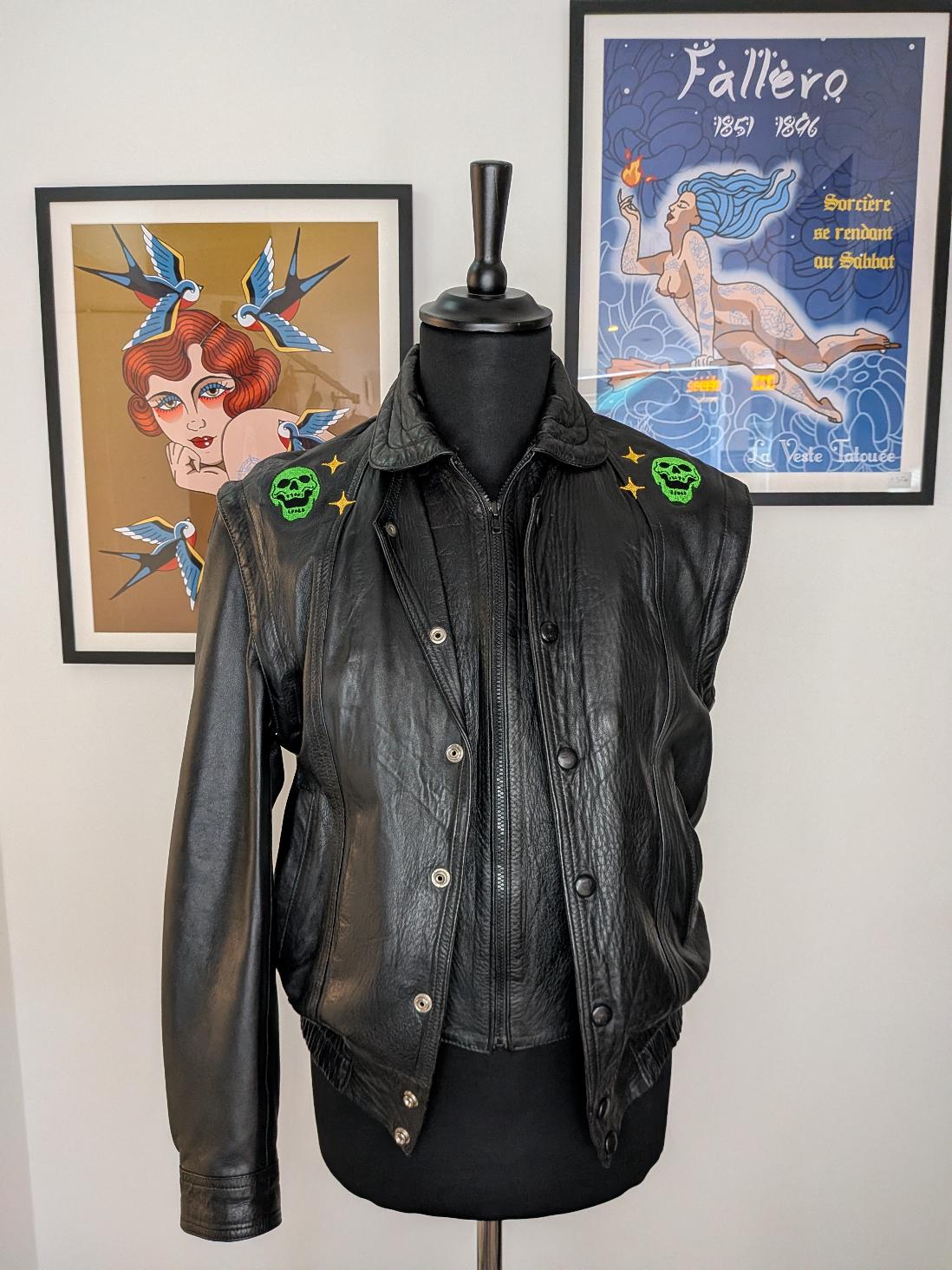 Green skulls : modèle unique veste cuir noir – Image 6